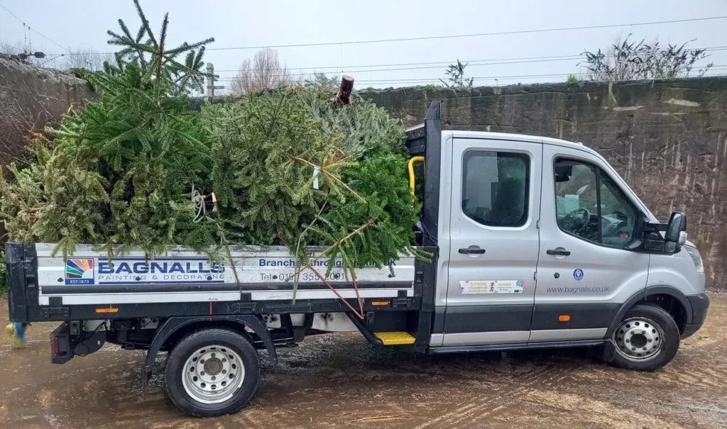 A Bagnalls Flat Bed Truck With Christmas Trees Loaded Into The Back
