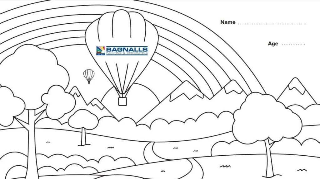 Bagnalls Colouring Competition Blank Outline Showing Hills, Trees And The Bagnalls Balloon