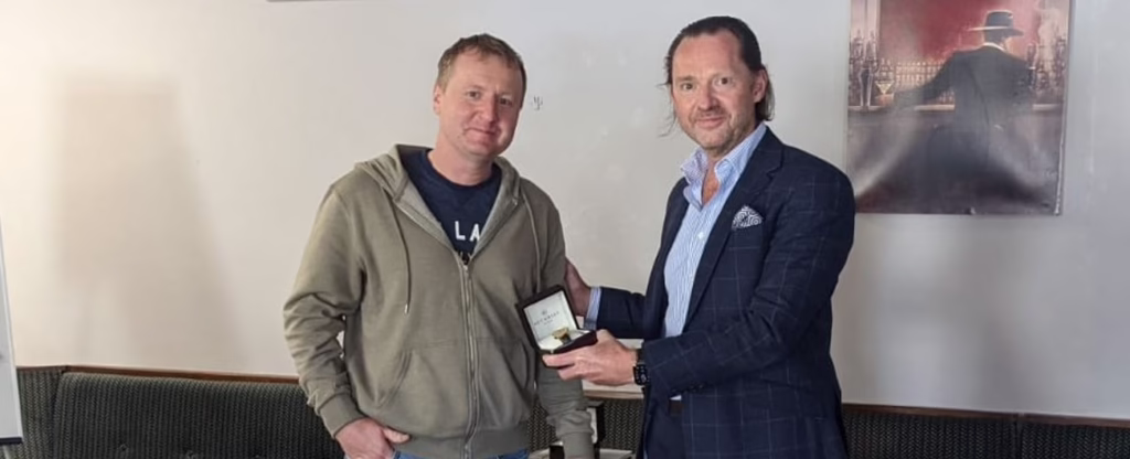 Stephen Bagnall Presenting Joe Irvins With A Watch In A Box